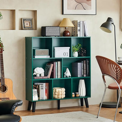 LEYAOYAO 8 Cube Bookshelf,3 Tier Bookcase with Legs,Dark Green Mid-Century Modern Bookshelves,Large Open Storage Organizer Shelf, Wooden Book Case