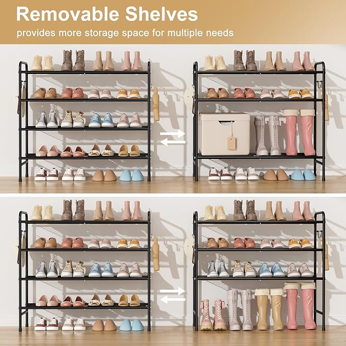 4-Tier Shoe Rack 33" Wide Metal Shoe Organizer Long Shoe Storage with 4 Side Hooks Sturdy Shoes Shelf for Closet, Front Door Entrance, Garage, Dorm, Black