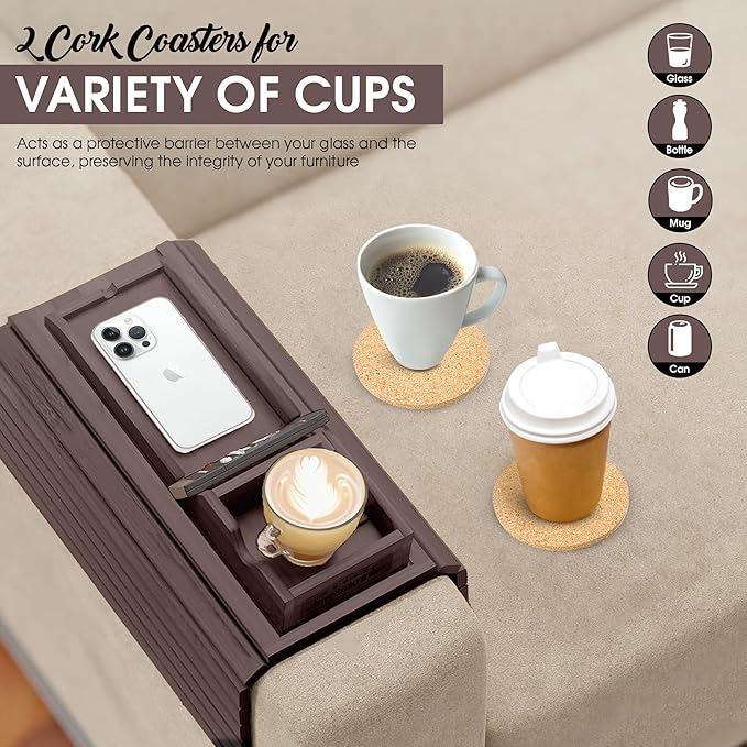 Couch Cup Holder Tray with 2 Cork Coasters, Couch Arm Tray, 2 in 1 Anti-Slip Foldable Sofa Arm Tray, Couch Armrest Table, Anti-Spill Couch Arm Table for Drinks TV Remote Cellphone Snacks (Walnut)