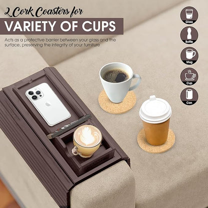 Couch Cup Holder Tray with 2 Cork Coasters, Couch Arm Tray, 2 in 1 Anti-Slip Foldable Sofa Arm Tray, Couch Armrest Table, Anti-Spill Couch Arm Table for Drinks TV Remote Cellphone Snacks (Walnut)