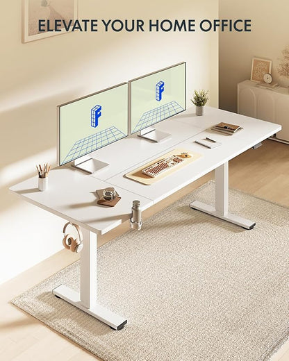 FLEXISPOT 71 x 32 Inch Large Standing Desk, Stand Up Desk with Splice Board, Rising Desks for Home Office, Office Desk with Headphone Hook (White Frame + White Top, 2 Packages)