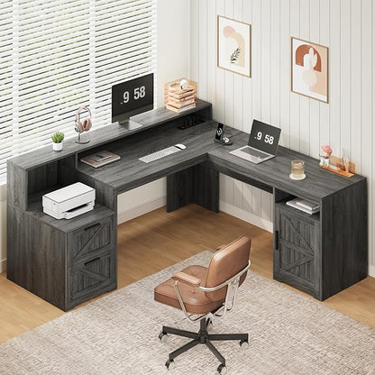 63" Farmhouse L Shaped Executive Desk with Drawers & Storage Shelf, Corner Computer Desk with Power Outlets, L Shaped Office Desk with Monitor Stand, Printer Shelf, Dark Gray