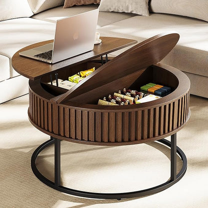 Round Coffee Table with Lift Top - Fluted Wood Center Coffee Tables for Living Room, Lifting Up for Dining, Large Hidden Circle Storage Compartment for Small Spaces, Mid Century Modern, Walnut