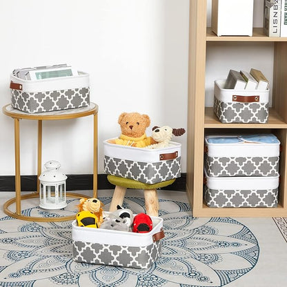 HNZIGE Small Baskets Fabric Storage Baskets(6 Pack) Storage Bins with Leather Handles Empty Gift Basket Decorative Storage Baskets for Shelves, Baby Clothes Toys(Pattern&White,11.8" x 7.8" x 5.1")