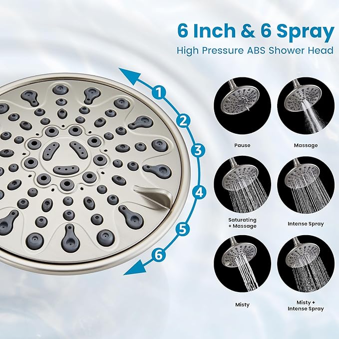 gotonovo Shower Faucet Set Bathroom Shower Head and Handle Set Complete 6 Settings 6 inch Rainfall Shower Head Kit High Pressure Shower System Combo Shower Trim Kit with Valve Brushed Nickel