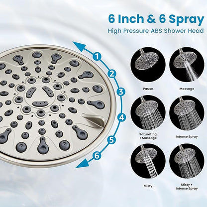 gotonovo Shower Faucet Set Bathroom Shower Head and Handle Set Complete 6 Settings 6 inch Rainfall Shower Head Kit High Pressure Shower System Combo Shower Trim Kit with Valve Brushed Nickel