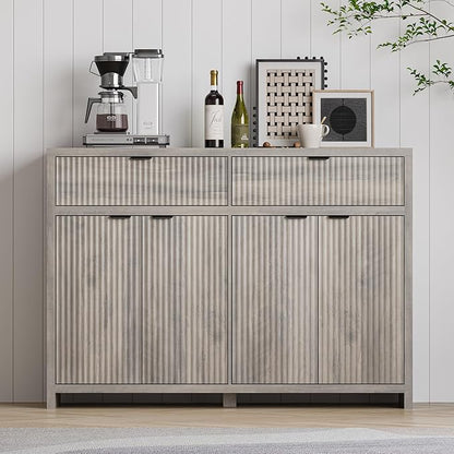Fluted Sideboard Buffet Cabinet with Storage and Large Drawers, 55" W Credenza Storage Cabinet for Living Room or Entryway, 40'' H Farmhouse Buffet Table with Adjustable Shelves, Console Cabinet