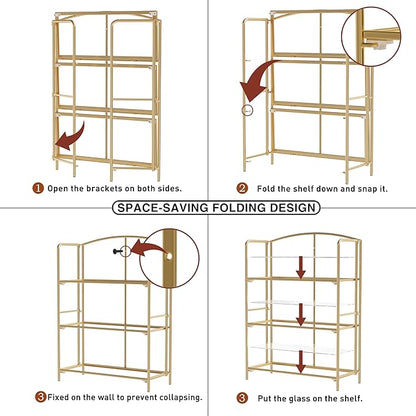 Crofy No Assembly Folding Bookshelf for Living Room, 3 Tier Gold Collapsible Book Shelf for Home Office, Portable Bookcase Storage Organizer
