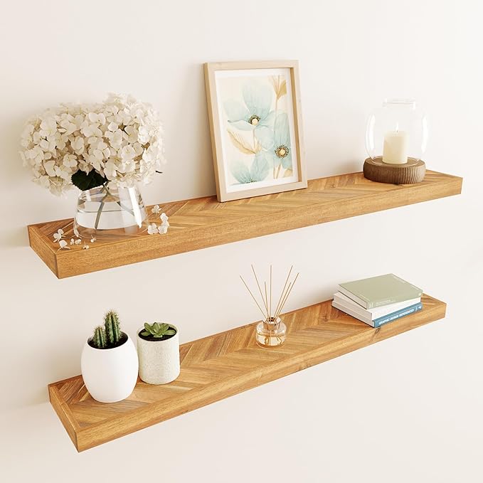 Howizz 36" Acacia Chevron Floating Shelves Set of 2 - Wall Mounted Wooden Shelf for Stylish Home Décor - Natural Color - 36x6.7x1.5 Inches