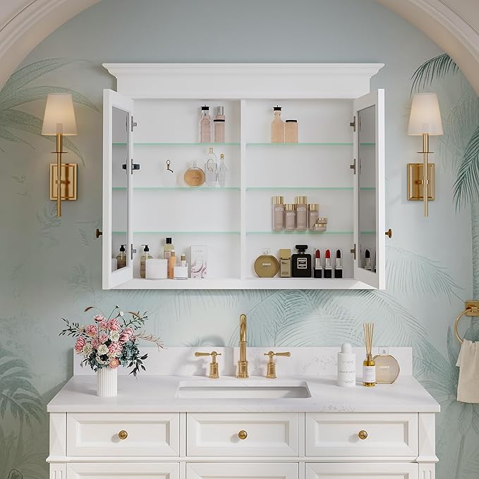 WELLFOR40 x 32" Bathroom Medicine Cabinet with 3-Tier Adjustable Shelves, Recessed Solid Wood Medicine Cabinet with Mirrors, Wood Miiror Cabinet with 2 Soft-Close Door and Open/Built-in 6 Shelves