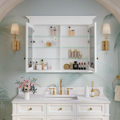 WELLFOR40 x 32" Bathroom Medicine Cabinet with 3-Tier Adjustable Shelves, Recessed Solid Wood Medicine Cabinet with Mirrors, Wood Miiror Cabinet with 2 Soft-Close Door and Open/Built-in 6 Shelves