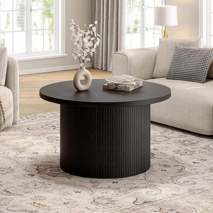 ONBRILL 31.5" Round Coffee Table, Tambour Design Coffee Tables for Living Room, Mid Century Modern Wood Coffee Table, Drum Accent Small Center Table, Black