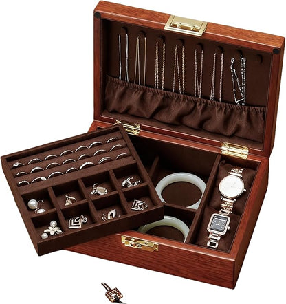 Bescott 2 Layer Solid Wooden Jewelry Box with Lock and Key for Women Men Vintage Velvet Wood Jewelry Organizer Storage for Earrings Rings Necklaces Bracelet Watch Mother’s Day Gift
