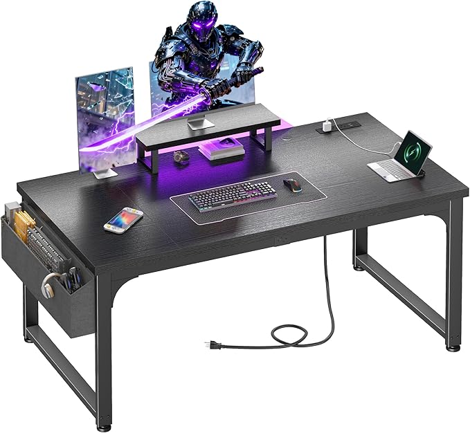 55 x 24 inch Gaming Desk with Power Outlets, Computer Desk with 0.95 Inch Thicker Desktop & Monitor Stand & Light & Storage Bag, Office Writing Desk for Home Office, Bedroom,Living, Black