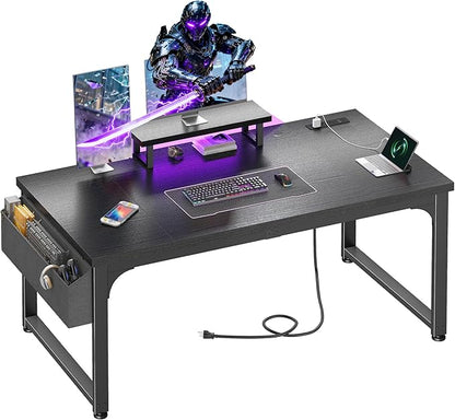 55 x 24 inch Gaming Desk with Power Outlets, Computer Desk with 0.95 Inch Thicker Desktop & Monitor Stand & Light & Storage Bag, Office Writing Desk for Home Office, Bedroom,Living, Black