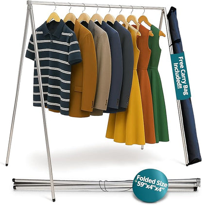 FOL-D-RAK Fully Assembled Lightweight Clothing Rack with Carry Bag. 59" Length Made from Commercial Grade Aluminum. Can Hold Over 50 LBS. Weighs 4 LBS.
