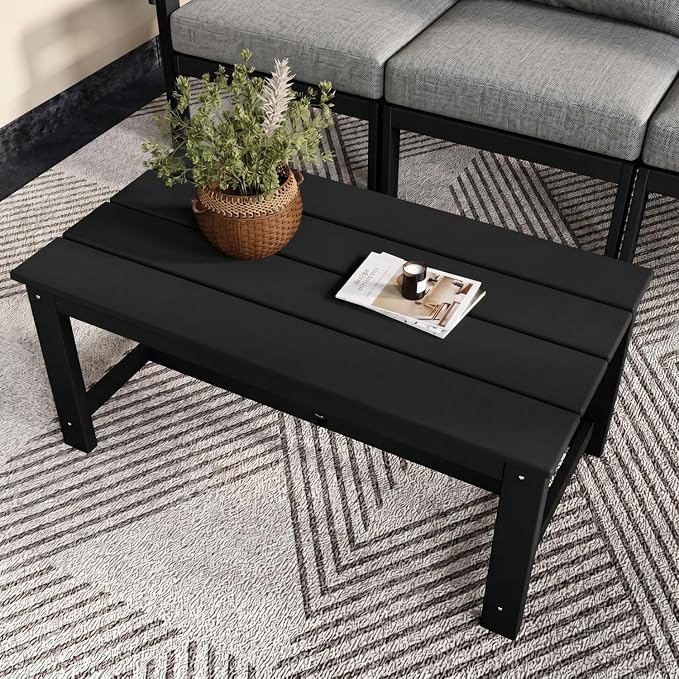 HDPE Outdoor Patio Furniture Set, 6-Piece Patio Conversation Sets with Coffee Table & Side Table & Grey Washable Thick Cushions, Outdoor Sofa for Balcony, Porch (Black Frame)