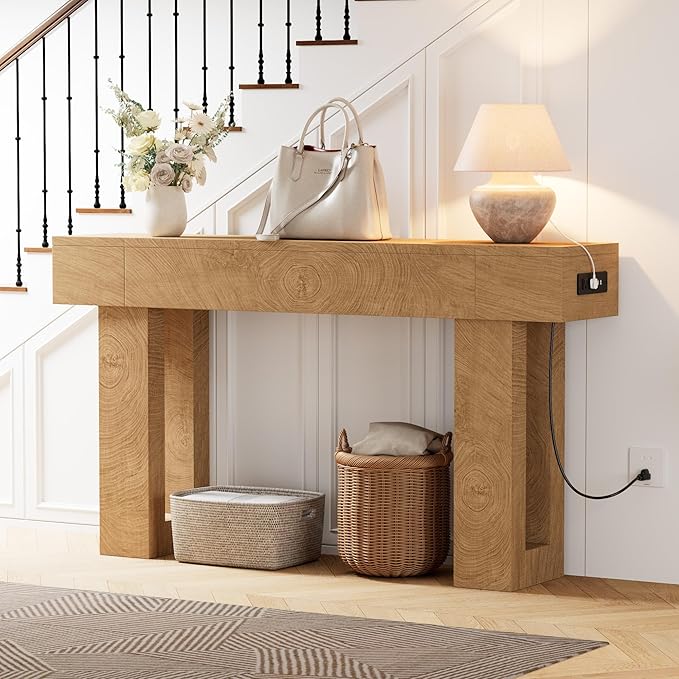 63 Inch Long Console Table w/Outlets & USB Ports, Narrow Rectangular Sofa Table Behind The Couch, Farmhouse Entryway Table for Entrance, Hallway, Living Room