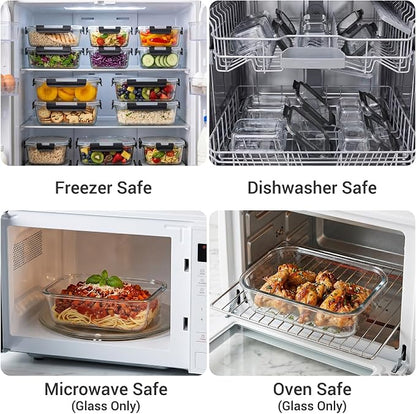 Dealusy 10 Sets (20-Piece) 4.5 Cup & 1.5 Cup Glass Food Storage Containers with lids, Airtight Leak-proof Glass Meal Prep Containers with Lids, Microwave Oven Freezer Dishwasher Safe, Black