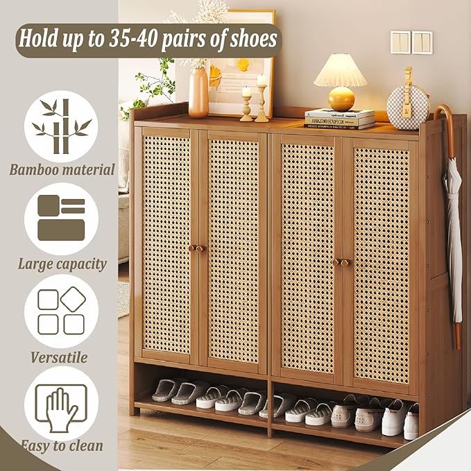 7-Tier Bamboo Shoe Cabinet，Shoe Storage Cabinet with Doors, 36-40 Pairs Freestanding Shoes Cabinet Organizer, Large Shoe Cabinet for Entryway, Hallway, Living Room