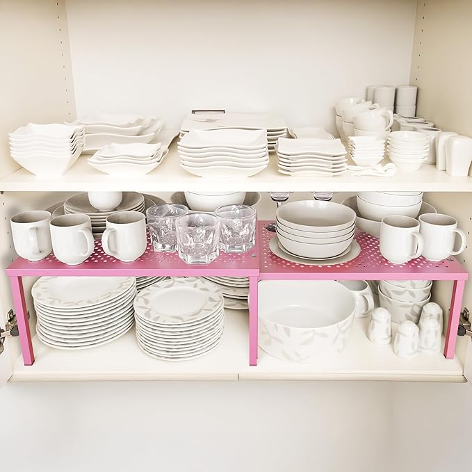 Simple Houseware Expandable Stackable Kitchen Counter Shelf Organizer, Pink, Metal Top, 11.25 in L x 7.9 in W x 5.4 in H