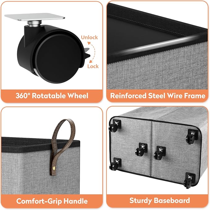 SpaceTrove Laundry Basket with Wheels, Collapsible Laundry Baskets, Laundry Hamper with Handles Detachable Wheels, Rolling Laundry Basket, Dirty Clothes Hamper for Bathroom, Dorm, Bedroom, Grey, 136L