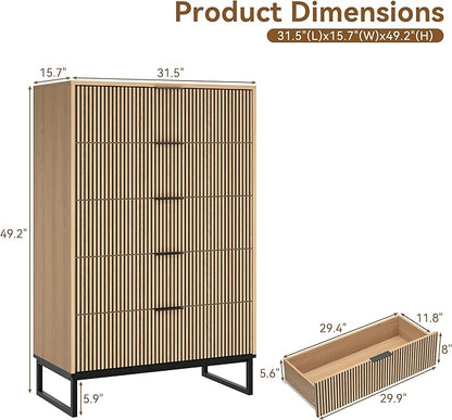 5 Drawers Dresser, 49.2’’ Tall Modern Chest of Drawers for Bedroom, Large Closet Dressers with Drawers, Wooden Drawer Dresser for Bedroom, Living Room, Hallway