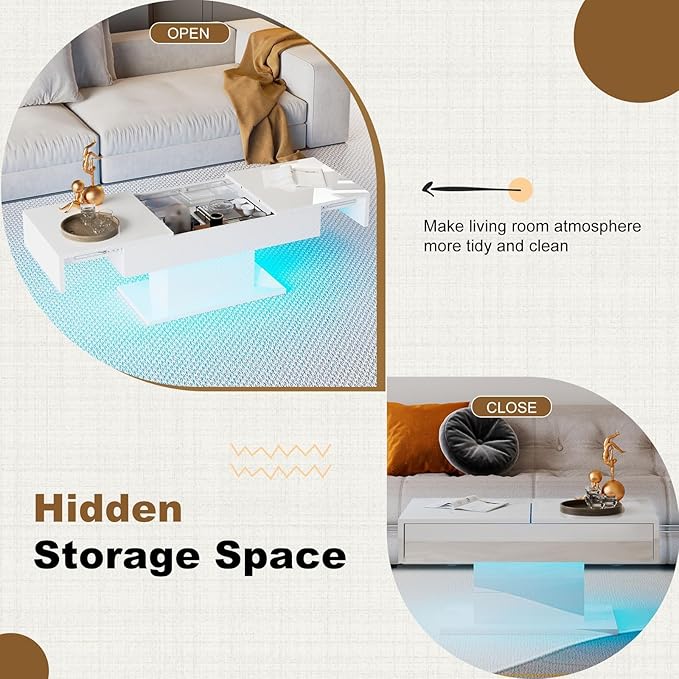 White LED Coffee Table with Storage for Living Room, Living Room Table Rectangular Center Table, Modern High Glossy Wooden Coffee Tables with 16 Colors LED Lights for Dining Reception Room