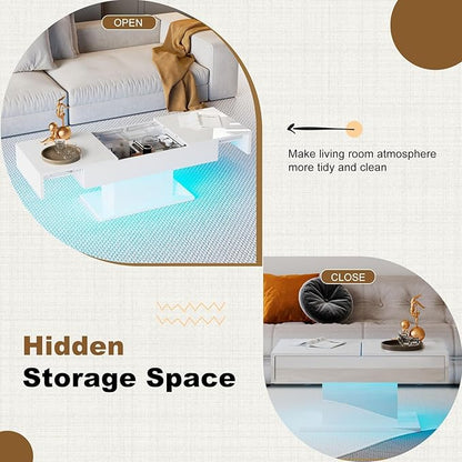 White LED Coffee Table with Storage for Living Room, Living Room Table Rectangular Center Table, Modern High Glossy Wooden Coffee Tables with 16 Colors LED Lights for Dining Reception Room