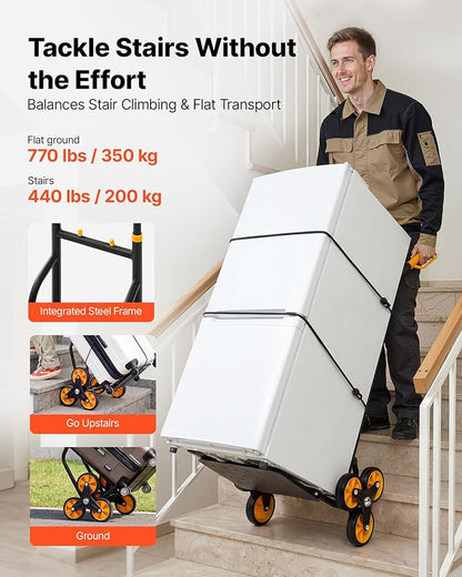 VEVOR Stair Climbing Cart, 770 lbs Stair-Climbing Capacity, Heavy-Duty Folding Trolley Cart with Telescoping Handle, 6 Wheels and 2 Bungee Cords, Stair Climber Dolly for Home, Groceries, Warehouse