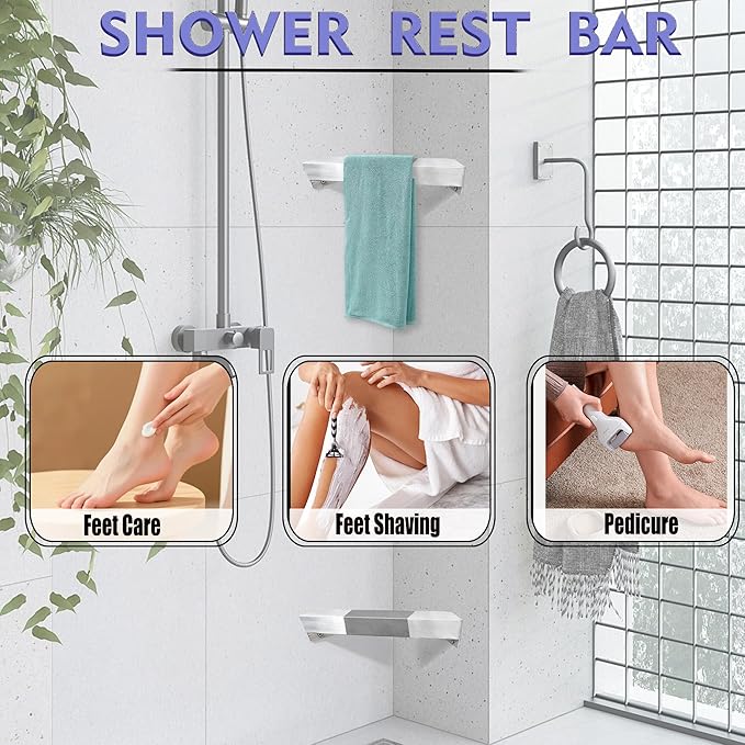 LIWEIKE Brushed Nickel Shower Foot Rest Bar Wall Mount Shower Stool for Shaving Legs Non-Slip Scrub Shower Foot Step Square Corner Shower Shaver Foot Rest