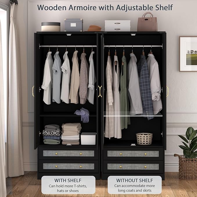 Brafab Armoire Wardrobe Closet with 2 Modern Doors Set of 2, 71" Tall Freestanding Closet Wardrobe Cabinet with Drawers and Hanging Rail, Wooden Storage Cabinet with Shelve for Bedroom, Black