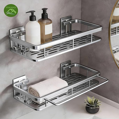 EVALAND Shower Caddy Adhesive 2-Pack with Hooks and Rod for Towels, Silver – Premium Bathroom Shower Shelves, Shampoo Organizer, Bathtub Shelf, Rustproof, Easy Installation, Sturdy Modern Look