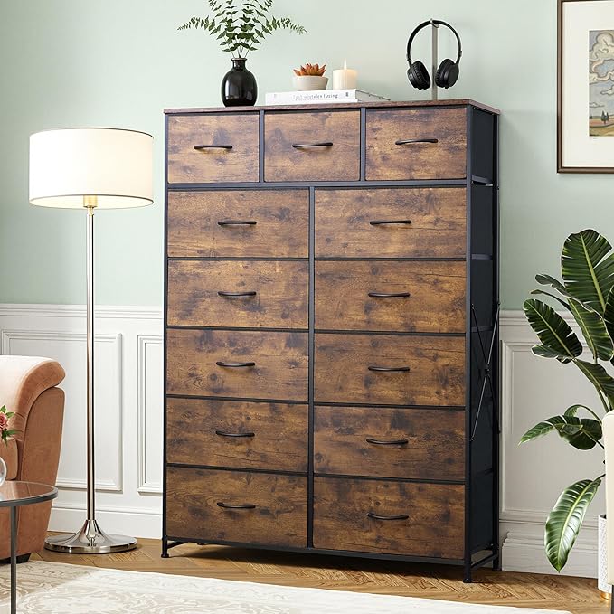 Tall Console Table with 13 Fabric Drawers, Entryway Table with Storage, Tall Storage Organizer with Wood Top, Steel Frame for Living Room, Hallway, Office, Rustic Brown Wood Grain Print