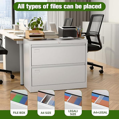 Aobabo 2 Drawer Lateral File Cabinet, Lockable Metal Filing Cabinet with Name Card, Suitable for Home Office School Hanging Files Letter/Legal/F4/A4 Size,Required-Assembly,White