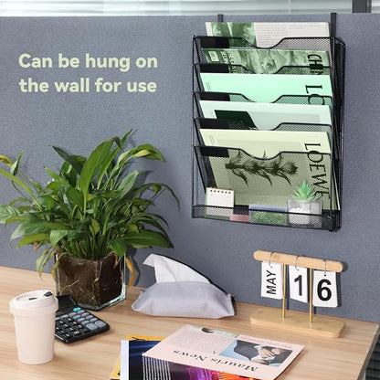 6-Tier Mesh Wall File Holder Organizer with Bottom Flat Tray, Vertical Hanging File Organizer, Office Hanging File Folder Magazine Rack, Nametag Label Hooks Set Included, Black