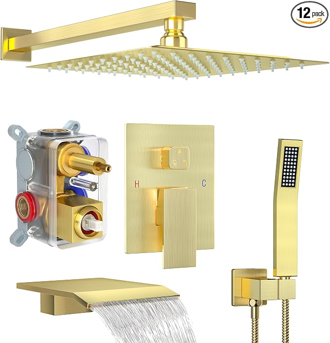 Brushed Gold Shower System with 12-Inch Rain Showerhead and Tub Spout | cUPC-certified pressure balance brass valve to prevent scalding, CEC-certified air injection technology for low pressure