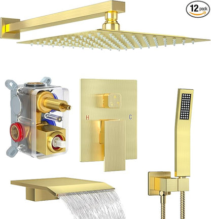 Brushed Gold Shower System with 12-Inch Rain Showerhead and Tub Spout | cUPC-certified pressure balance brass valve to prevent scalding, CEC-certified air injection technology for low pressure
