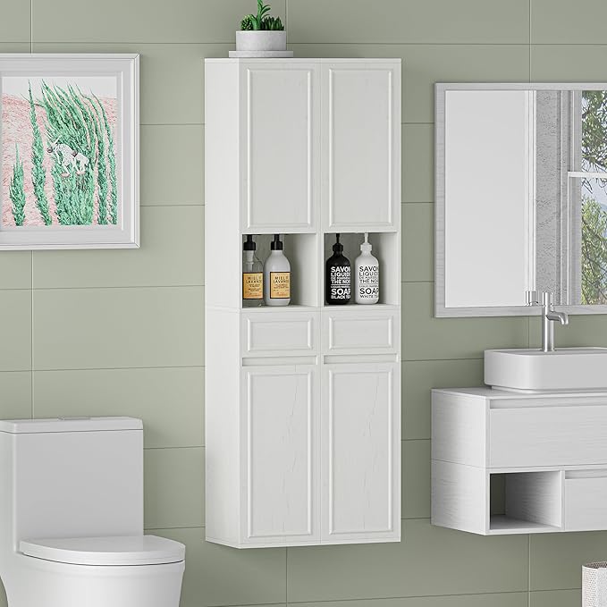 Tall Bathroom Storage Cabinet, Wall Mounted or Floor Mounted,Narrow Slim Wall Cabinet with 2 Door, 1 Drawer, Open Shelf for Living Room, 11.81" D x 11.81" W x 65" H (Line White, 2 PCS)