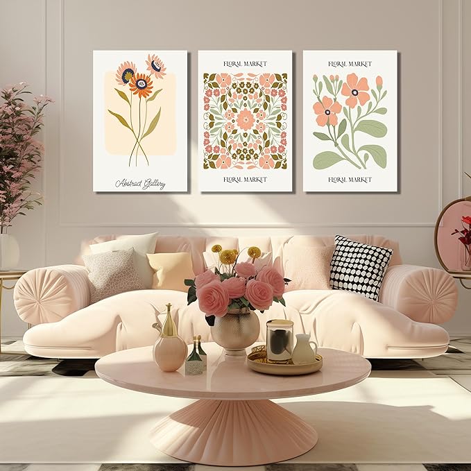 SKYRISE 3 PCS Boho Floral Canvas Wall Art, Rustic Botanical Canvas Paintings Prints ArtWork for Living Room, Vintage Flower Pictures for Farmhouse Dining Room Hallway Bedroom Wall Decor 24"x36"