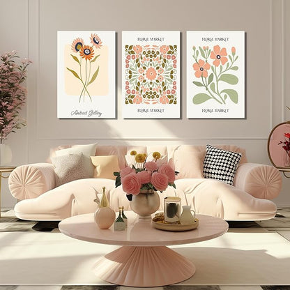 SKYRISE 3 PCS Boho Floral Canvas Wall Art, Rustic Botanical Canvas Paintings Prints ArtWork for Living Room, Vintage Flower Pictures for Farmhouse Dining Room Hallway Bedroom Wall Decor 24"x36"
