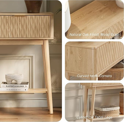 Console Table with Solid Wood Legs, Boho Modern Entryway Table with Storage Drawers, Fluted Narrow Sofa Table for Hallway,Living Room, Light Oak