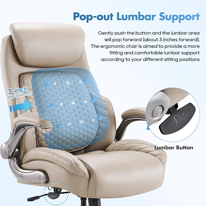 COLAMY Office Chair Ergonomic Desk High Back Executive Chair with Pop-Out Lumbar Support, Upgraded Casters, Adjustable Headrest, Flip-Up Arms, Leather Home with Thick Cushion for Comfort - Khaki