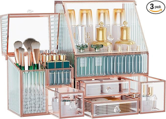 Youdepot Glass Makeup Organizer - Multi-Functional 3-in-1 Cosmetic Organizer for Skincare, Lipstick, Brushes - Vanity Organizer & Bathroom Organizer