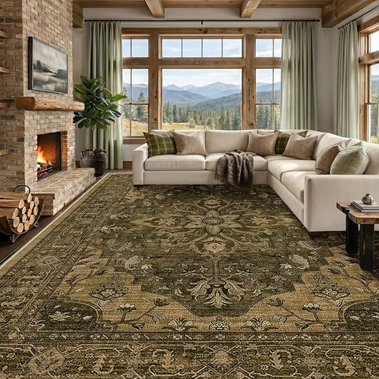 RELEANY Area Rugs Large 9'x12' Washable Non-Slip, Floral Vintage Distress Medallion Carpet for Living Room Bedroom Dining Room, Brown Dark Brown