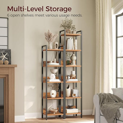 Bookshelf, 6-Tier Bookcase, Standing Book Shelf for Small Space, Storage Shelf Organizer, for Living Room, Bedroom, Study, Balcony, Rustic Brown and Black BKHR6601