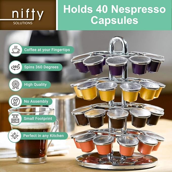 Nifty Nespresso Original Line Capsule Carousel – 40 Coffee Pod Storage Holder, Spins 360-Degrees, Lazy Susan Platform, Modern Chrome Design, Home or Office Kitchen Counter Organizer