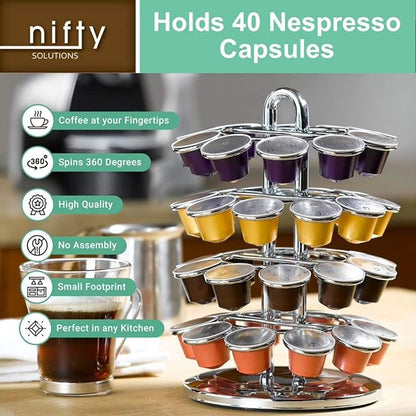 Nifty Nespresso Original Line Capsule Carousel – 40 Coffee Pod Storage Holder, Spins 360-Degrees, Lazy Susan Platform, Modern Chrome Design, Home or Office Kitchen Counter Organizer