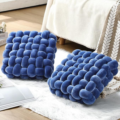Wenqik 2 Pcs Knot Pillows Square Knotted Plush Throws Soft Accent Pillows Decoration Cushion for Couch Home Office Living Room Bedroom Bed Sofa Decor, 12'' x 13''(Blue,Crystal Velvet)