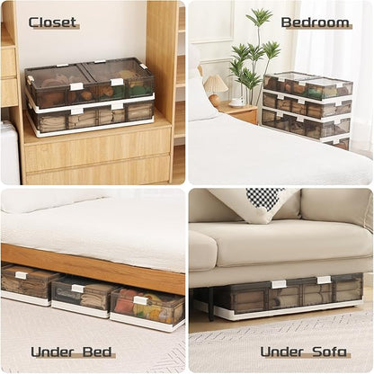 Under Bed Storage Containers with Wheels - Stackable, Foldable Plastic Storage Boxes with Lids for Clothes, Shoes, Blankets - Perfect for Bedroom Organization and Dorms (2 Pack-25.2''x16.5''x7.9'')